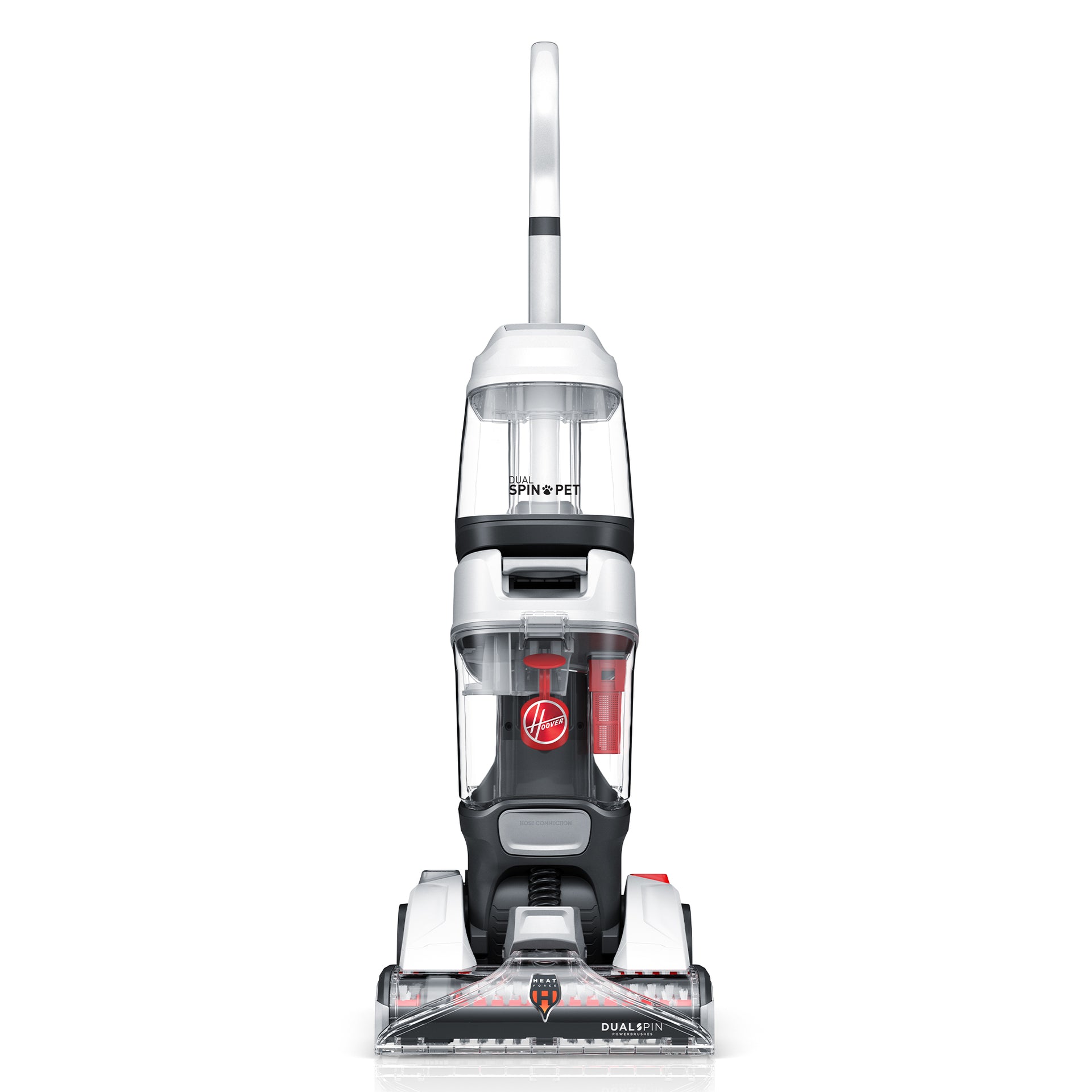 Hoover Dual Spin Pet FH54020 manufacturer product render, front view of upright with dual-brush floor head and two clear tanks.
