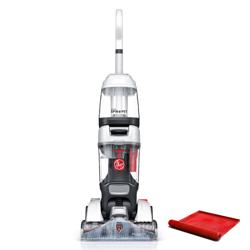 Front view of a Hoover Dual Spin Pet upright carpet cleaner with a dual-brush floor head against a white background.