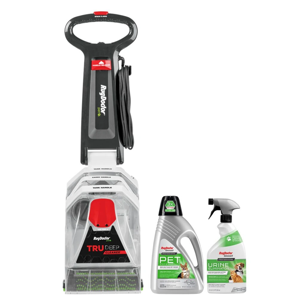 Current US Rug Doctor TruDeep90115 offer bridged to exact linked TDC-1 guide; supplied Pet Upholstery Tool and two formula containers explicitly distinguished. manufacturer product image